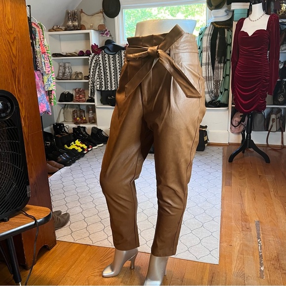 Lucy Paris Womens Faux Leather Paperbag-Waist Pants, Cognac, S - Picture 8 of 11